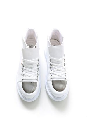 Bpm CH267 Yuvarlak Burun Yüksek Topuk Bağcıklı Su Geçirmez Günlük Beyaz Klasik Bot Suni Deri