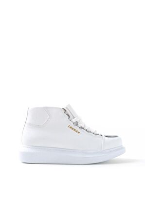 Bpm CH267 Yuvarlak Burun Yüksek Topuk Bağcıklı Su Geçirmez Günlük Beyaz Klasik Bot Suni Deri