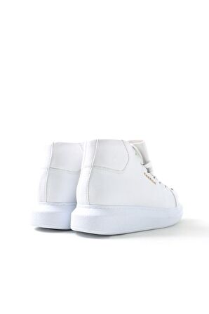 Bpm CH267 Yuvarlak Burun Yüksek Topuk Bağcıklı Su Geçirmez Günlük Beyaz Klasik Bot Suni Deri