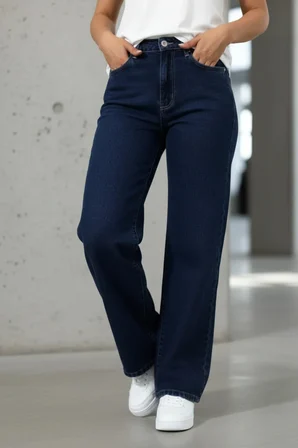 Nova Kadın Yüksek Bel Lacivert Salaş Jeans Wide Leg Geniş Paça Palazzo Kot Pantolon
