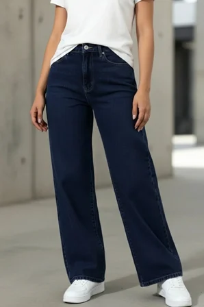 Nova Kadın Yüksek Bel Lacivert Salaş Jeans Wide Leg Geniş Paça Palazzo Kot Pantolon