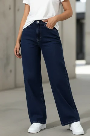 Nova Kadın Yüksek Bel Lacivert Salaş Jeans Wide Leg Geniş Paça Palazzo Kot Pantolon