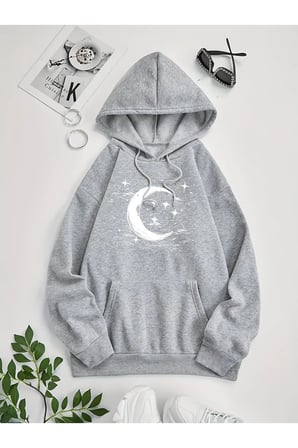 Unisex Star Moon Baskılı Oversize Hoodie Kapüşonlu Sweatshirt