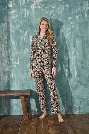 Kadın Uzun Kol Süet Gömlek Yaka Leopar Pijama Takımı C2T0N5O01-6