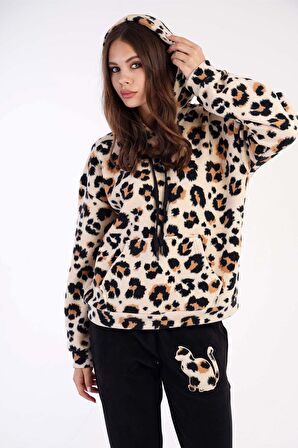 Kadın Uzun Kol Leopar Polar Bej Pijama Takımı C3T0N3O165