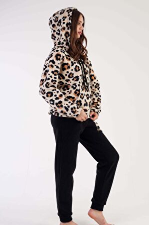 Kadın Uzun Kol Leopar Polar Bej Pijama Takımı C3T0N3O165