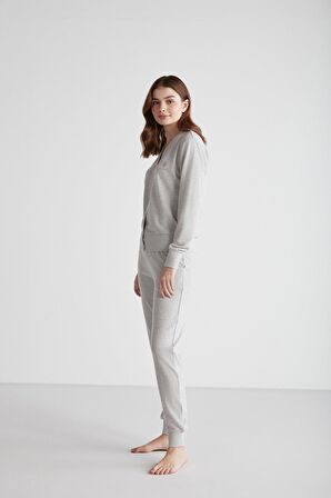 Kadın Uzun Kol Önden Düğmeli Gri Melanj Pijama Takımı C1T6N9O56