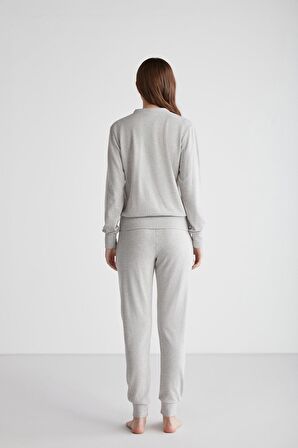 Kadın Uzun Kol Önden Düğmeli Gri Melanj Pijama Takımı C1T6N9O56