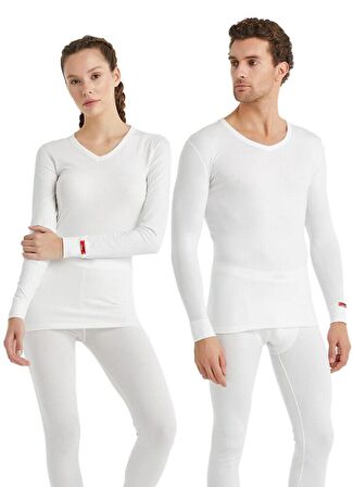 V Yaka Beyaz Unisex Uzun Kol Thermal İçlik C7T5N2O1