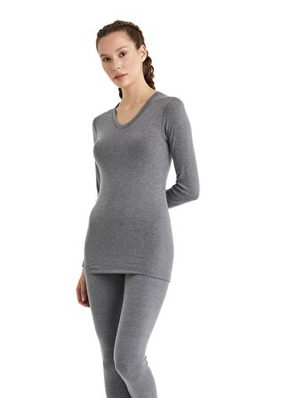 V Yaka Gri Unisex Uzun Kol Thermal İçlik C7T5N2O1