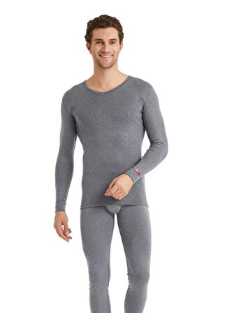 V Yaka Gri Unisex Uzun Kol Thermal İçlik C7T5N2O1