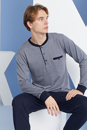 Erkek Uzun Kol Düğmeli Yaka Mevsimlik %100 Pamuk Lacivert Pijama Takımı C9T2N6O1