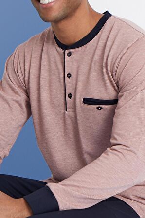 Erkek Uzun Kol Düğmeli Yaka Mevsimlik %100 Pamuk Kiremit Pijama Takımı C9T2N6O1