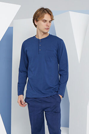 Erkek Uzun Kol Midi Yaka İndigo Pijama Takımı C9T2N5O8