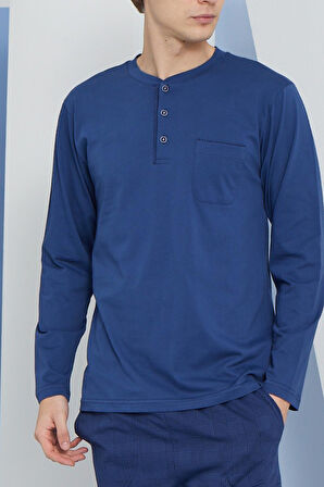 Erkek Uzun Kol Midi Yaka İndigo Pijama Takımı C9T2N5O8