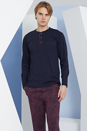 Erkek Uzun Kol Midi Yaka Lacivert Pijama Takımı C9T2N5O6