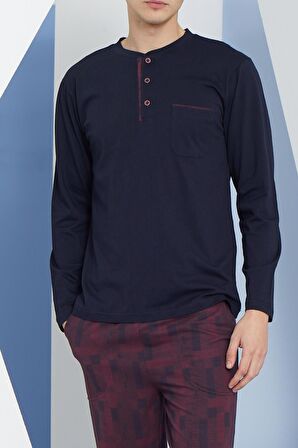 Erkek Uzun Kol Midi Yaka Lacivert Pijama Takımı C9T2N5O6