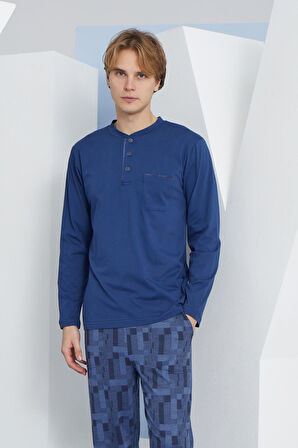Erkek Uzun Kol Midi Yaka İndigo Pijama Takımı C9T2N5O6