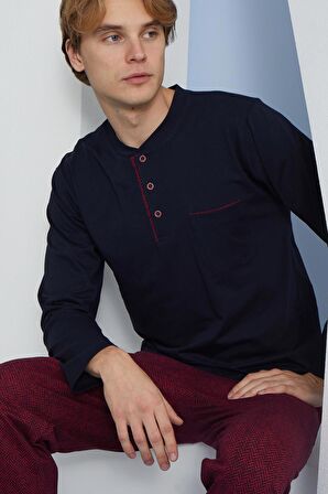 Erkek Uzun Kol Midi Yaka Lacivert Pijama Takımı C9T2N5O3