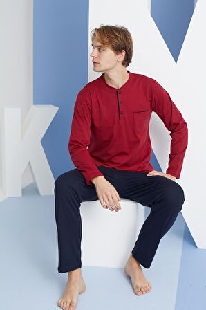 Erkek Uzun Kol Midi Yaka Bordo Pijama Takımı C9T2N5O0