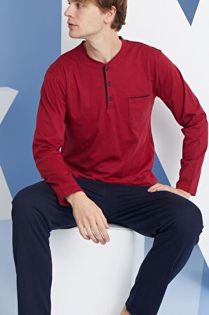 Erkek Uzun Kol Midi Yaka Bordo Pijama Takımı C9T2N5O0
