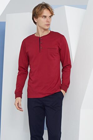 Erkek Uzun Kol Midi Yaka Bordo Pijama Takımı C9T2N4O4