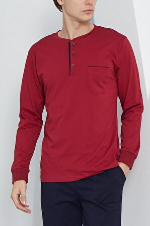 Erkek Uzun Kol Midi Yaka Bordo Pijama Takımı C9T2N4O4