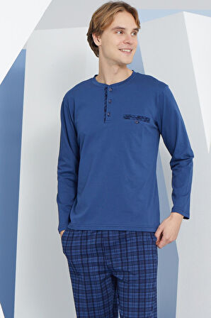 Erkek Uzun Kol Midi Yaka İndigo Pijama Takımı C9T2N2O3