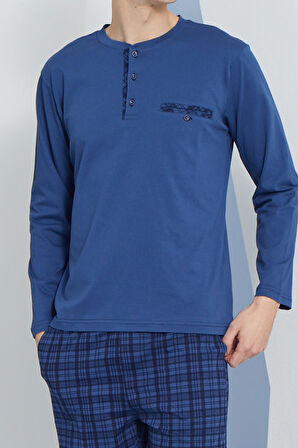 Erkek Uzun Kol Midi Yaka İndigo Pijama Takımı C9T2N2O3