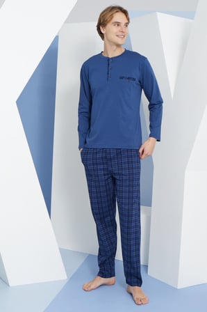 Erkek Uzun Kol Midi Yaka İndigo Pijama Takımı C9T2N2O3