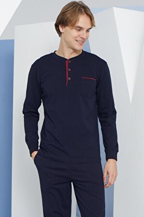 Erkek Uzun Kol Midi Yaka Lacivert Pijama Takımı C9T2N4O4
