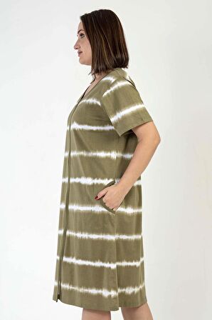 Kadın Büyük Beden Kısa Kol Haki Fermuarlı Ev Elbisesi C8T6N0012