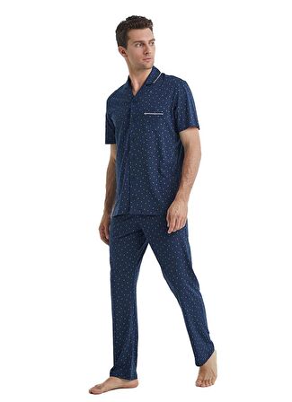 Erkek Kısa Kol Gömlek Yaka Önden Düğmeli Lacivert Pijama Takımı C1T6N4O04
