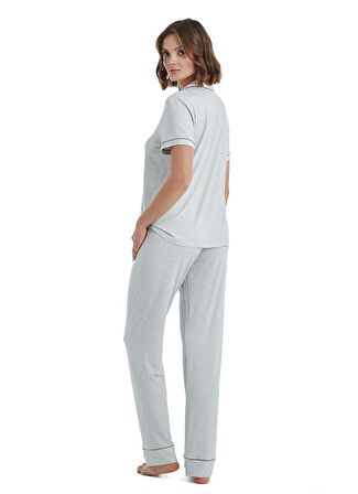 Kadın Kısa Kol Önden Düğmeli Gri Ring Viskoz Pijama Takımı C6T5N3O15