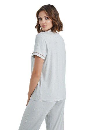 Kadın Kısa Kol Önden Düğmeli Gri Ring Viskoz Pijama Takımı C6T5N3O15
