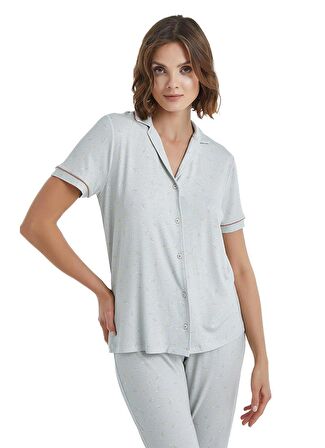 Kadın Kısa Kol Önden Düğmeli Gri Ring Viskoz Pijama Takımı C6T5N3O15