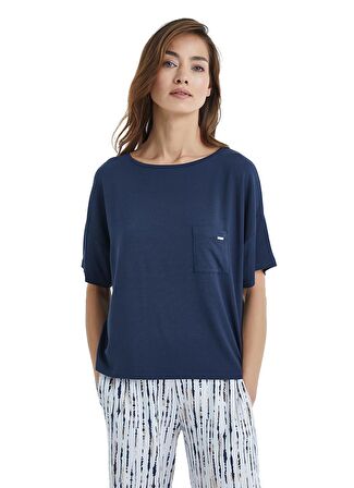 Kadın Kısa Kol Lacivert Lenzing Micro Modal Pijama Takımı C2T7N3O15