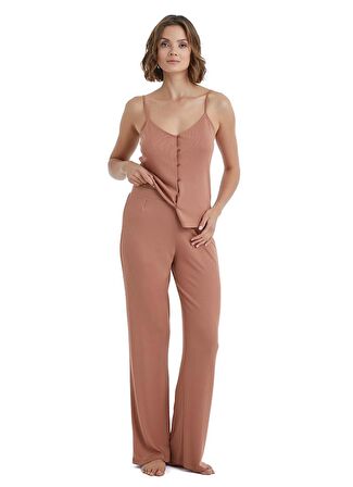 Kadın İnce Askılı Kahverengi Pijama Takımı C0T4N3O15-