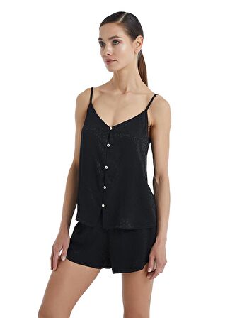 Kadın İnce Askılı Şortlu Siyah Pijama Takımı C1T6N3O06-