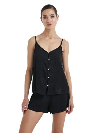 Kadın İnce Askılı Şortlu Siyah Pijama Takımı C1T6N3O06-