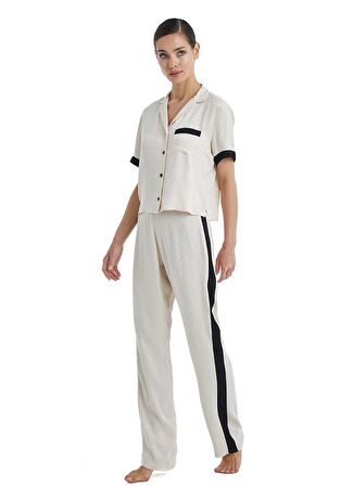 Kadın Kısa Kol Gömlek Yaka Bej Pijama Takımı C4T6N3O06-