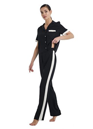 Kadın Kısa Kol Gömlek Yaka Siyah Pijama Takımı C4T6N3O06-