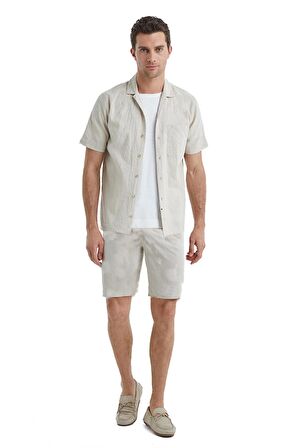 Erkek Kısa Kol Önden Düğmeli Keten Krem Şort Takım C6T5N4O04-