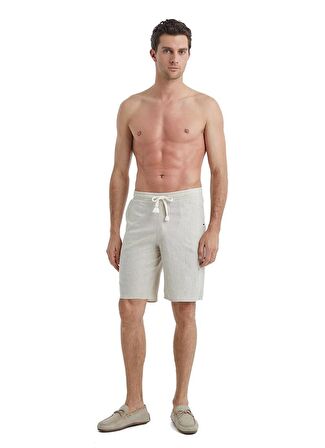 Erkek Kısa Kol Önden Düğmeli Keten Krem Şort Takım C6T5N4O04-