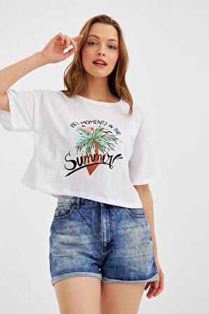 Kadın Thai Palmiye Beyaz Crop T-Shirt C2T0N023