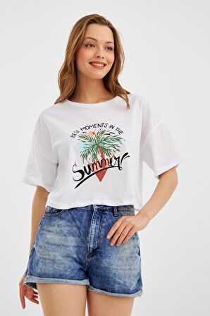 Kadın Thai Palmiye Beyaz Crop T-Shirt C2T0N023