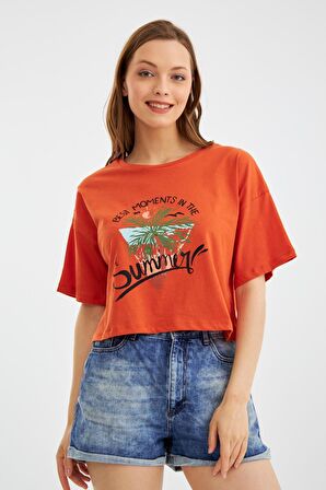 Kadın Thai Palmiye Kiremit Crop T-Shirt C2T0N023