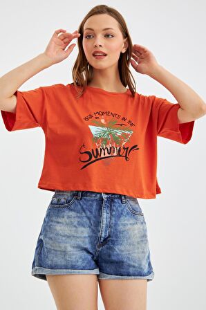 Kadın Thai Palmiye Kiremit Crop T-Shirt C2T0N023