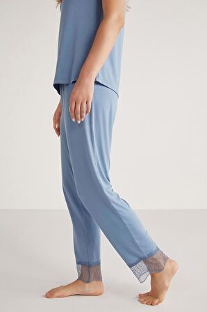 Kadın Kısa Kol Dantelli İndigo Pijama Takımı C6T5N4O9