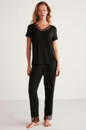 Kadın Kısa Kol Dantelli Siyah  Pijama Takımı C6T5N4O9